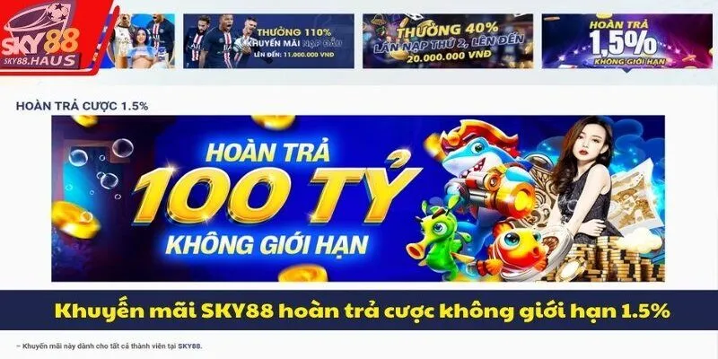 Khuyến mãi sky88 Khuyến mãi SKY88 hoàn trả cược không giới hạn 1.5%